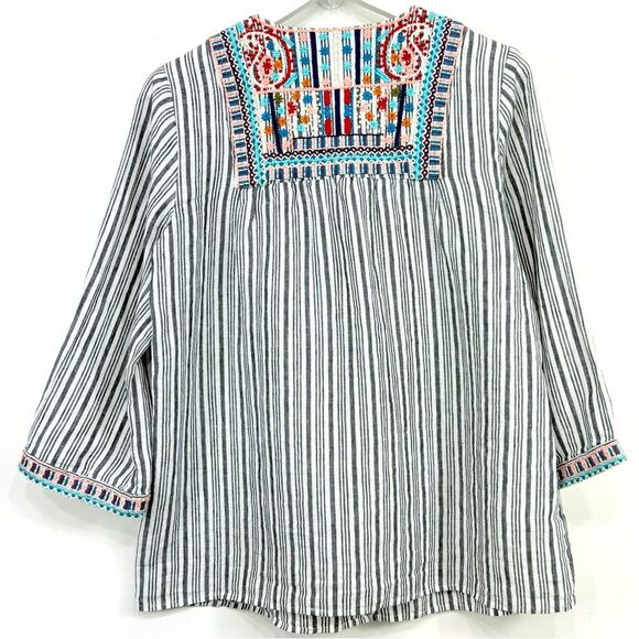 J. Jill White Blue Stripe Colorful Embroidered Ethnic Boho Festival Linen Jacket - Picture 10 of 13